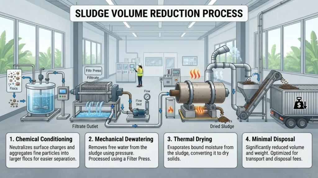 An industrial diagram outlining a 4-step sludge volume reduction process consisting of chemical conditioning, mechanical dewatering via filter press, thermal drying, and minimal disposal into a truck.