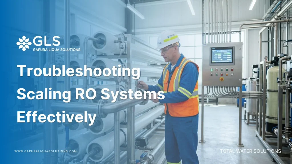 Engineer in safety gear troubleshooting scaling RO systems at an industrial water treatment facility in Indonesia.