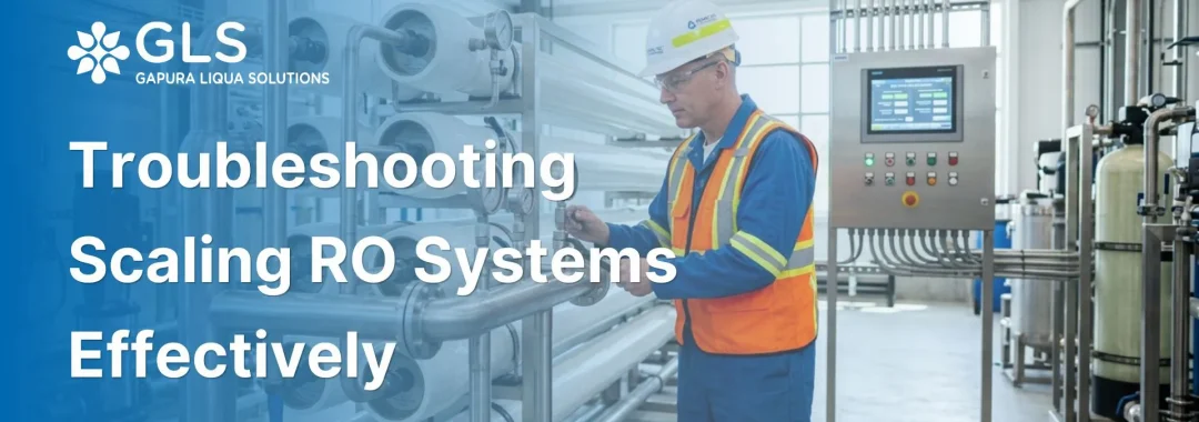 Engineer in safety gear troubleshooting scaling RO systems at an industrial water treatment facility in Indonesia.