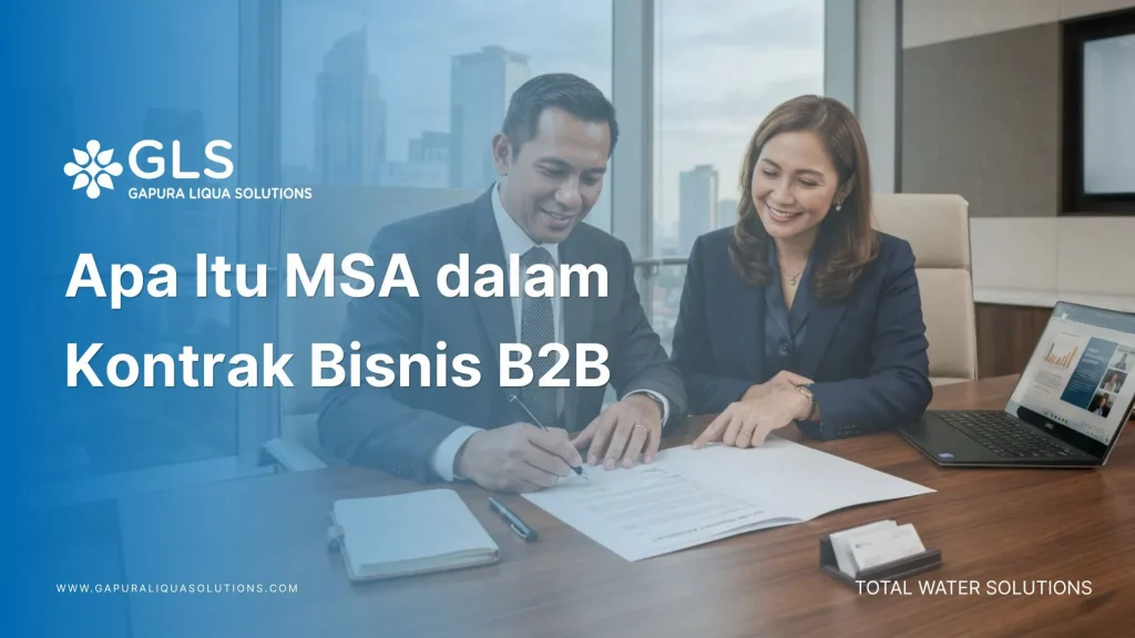 Dua profesional bisnis sedang meninjau dokumen kontrak Master Services Agreement (MSA) untuk kerja sama proyek industri