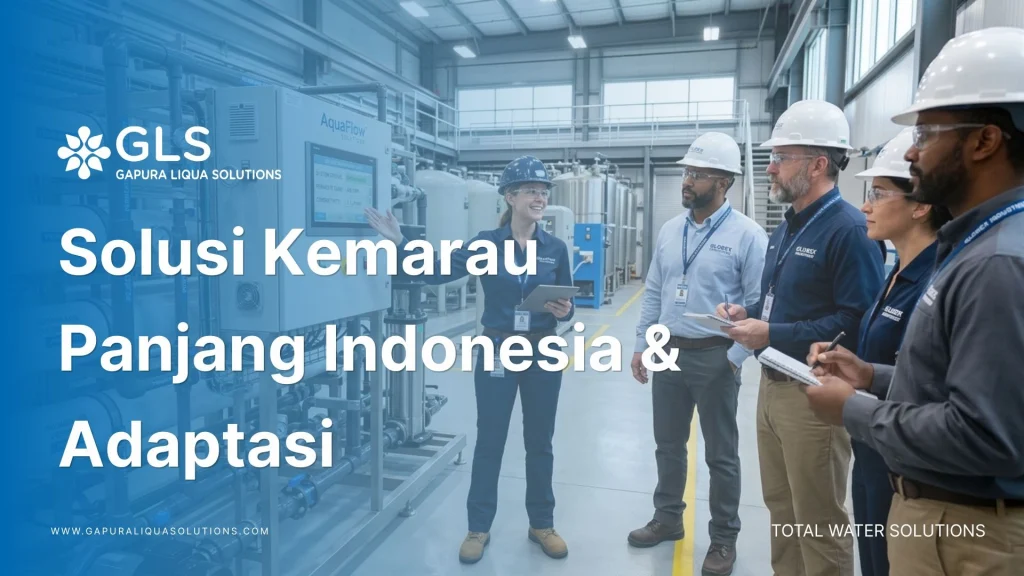 Seorang insinyur sedang memberikan edukasi terkait solusi kemarau panjang indonesia melalui sistem pengolahan air ramah lingkungan bersama tim industri.