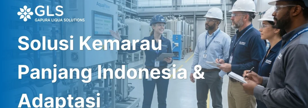 Seorang insinyur sedang memberikan edukasi terkait solusi kemarau panjang indonesia melalui sistem pengolahan air ramah lingkungan bersama tim industri.