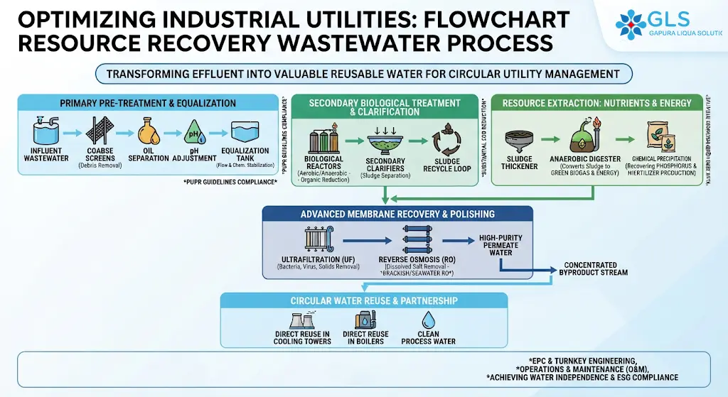 Detailed flowchart-resource-recovery-wastewater illustrating primary pre-treatment, biological treatment, advanced membrane recovery, and nutrient extraction.