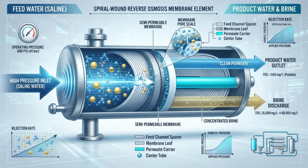 Diagram skematik cara kerja osmosis balik dan pemisahan membran RO oleh PT Gapura Liqua Solutions.