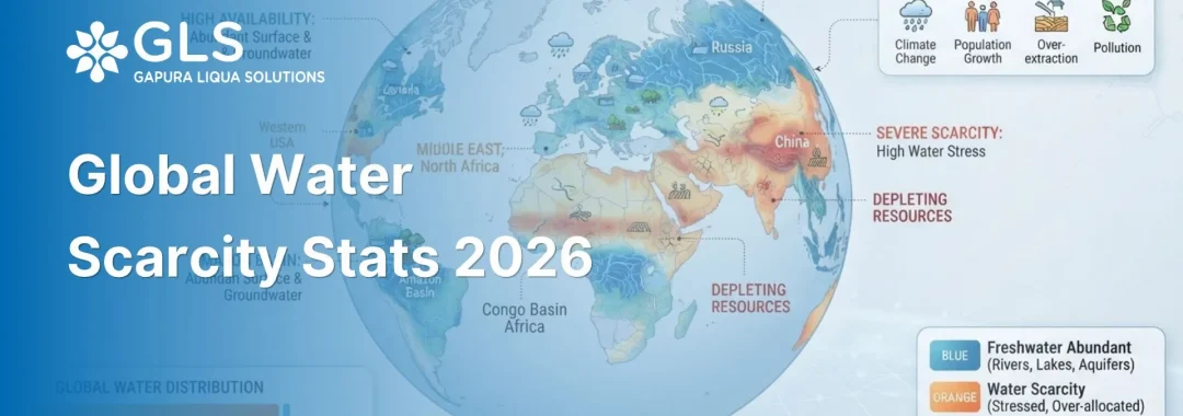 Global map illustration showing regions affected by freshwater stress and water scarcity statistics.