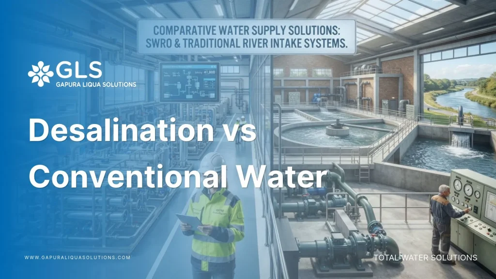 Side-by-side comparison illustrating seawater desalination plant and conventional river water treatment facility designed by PT Gapura Liqua Solutions.
