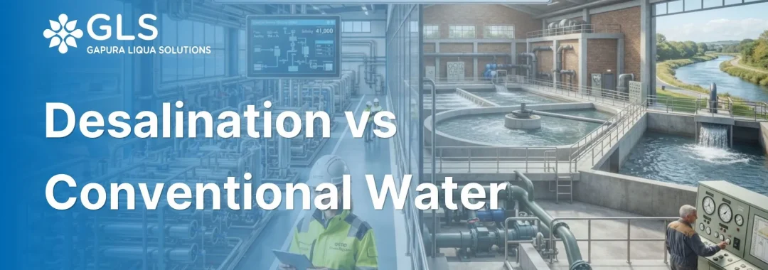 Side-by-side comparison illustrating seawater desalination plant and conventional river water treatment facility designed by PT Gapura Liqua Solutions.