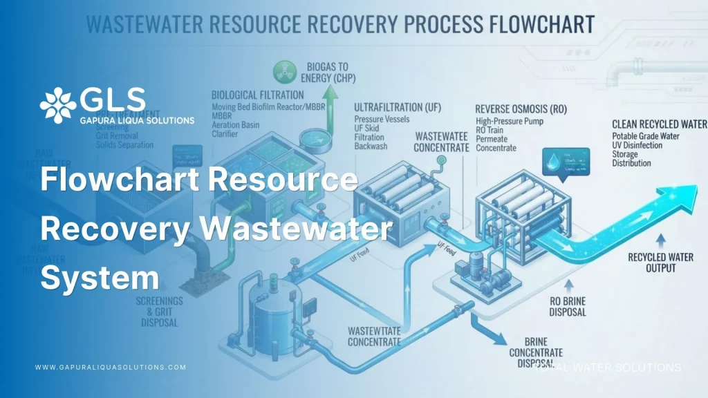 Diagram showing process flowchart resource recovery wastewater treatment stages designed by PT Gapura Liqua Solutions.