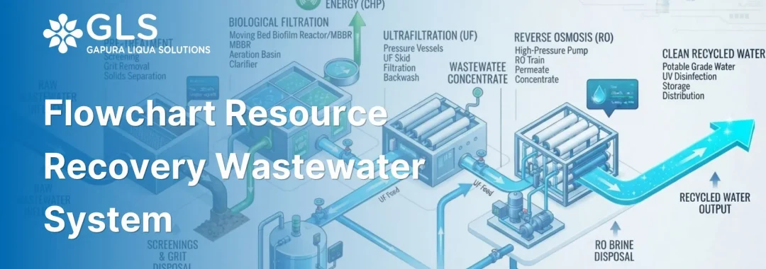 Diagram showing process flowchart resource recovery wastewater treatment stages designed by PT Gapura Liqua Solutions.