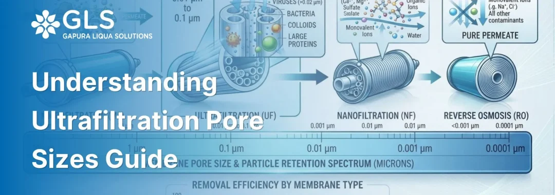 Technical comparison diagram illustrating ultrafiltration pore sizes versus microfiltration and reverse osmosis membranes.